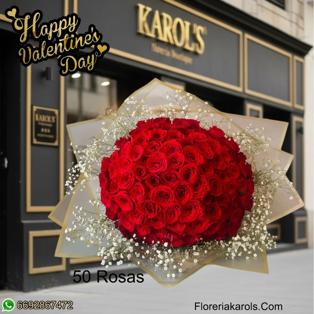 50 Rosas Rojas con gypsophilia