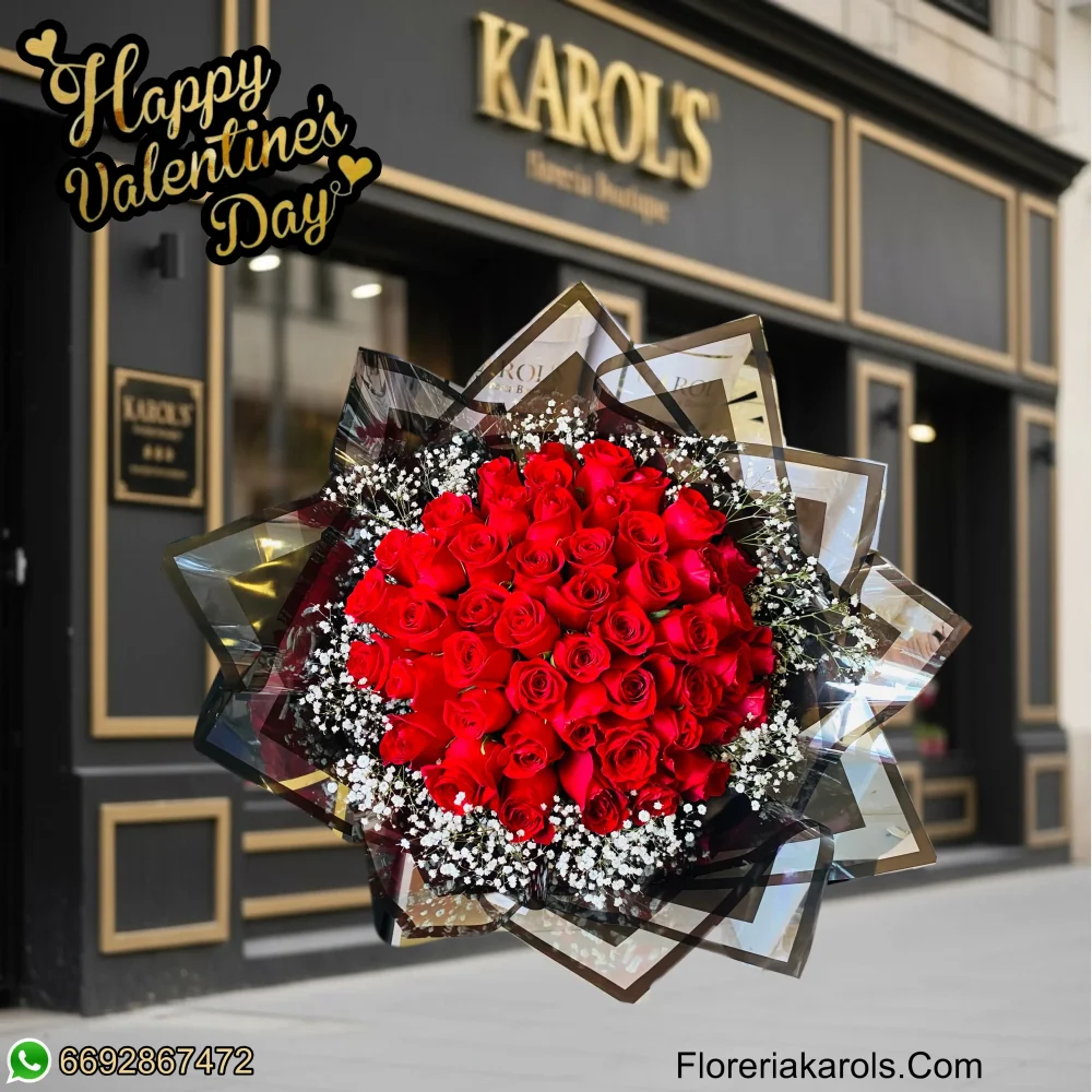 50 Rosas Rojas con gypsophilia